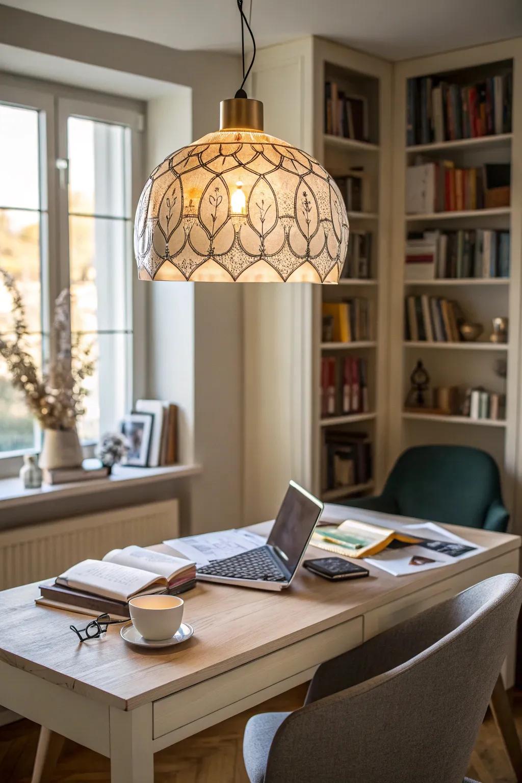 An impressive light fixture commands attention and admiration.