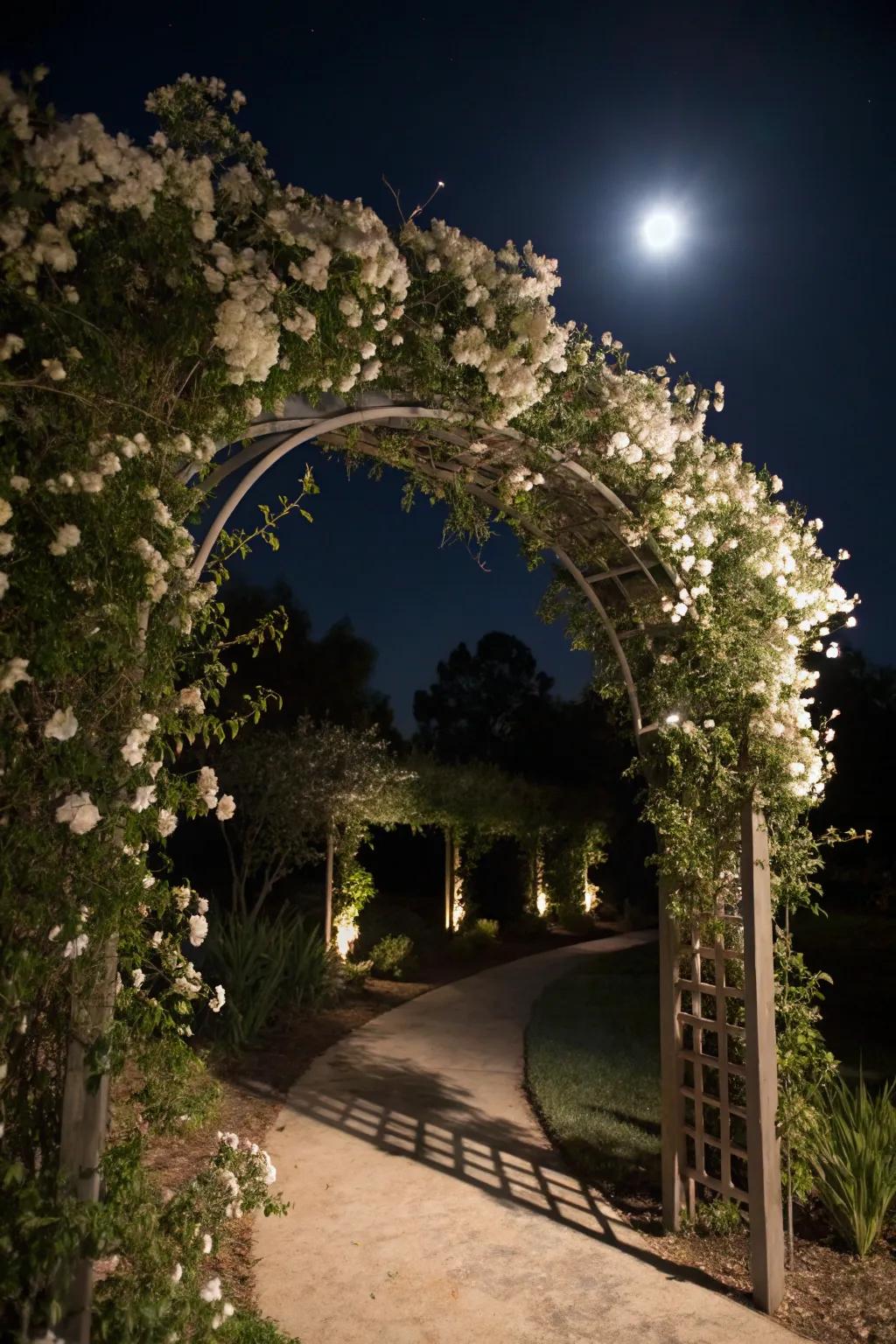 Arches with climbing white flowers create charming entryways.