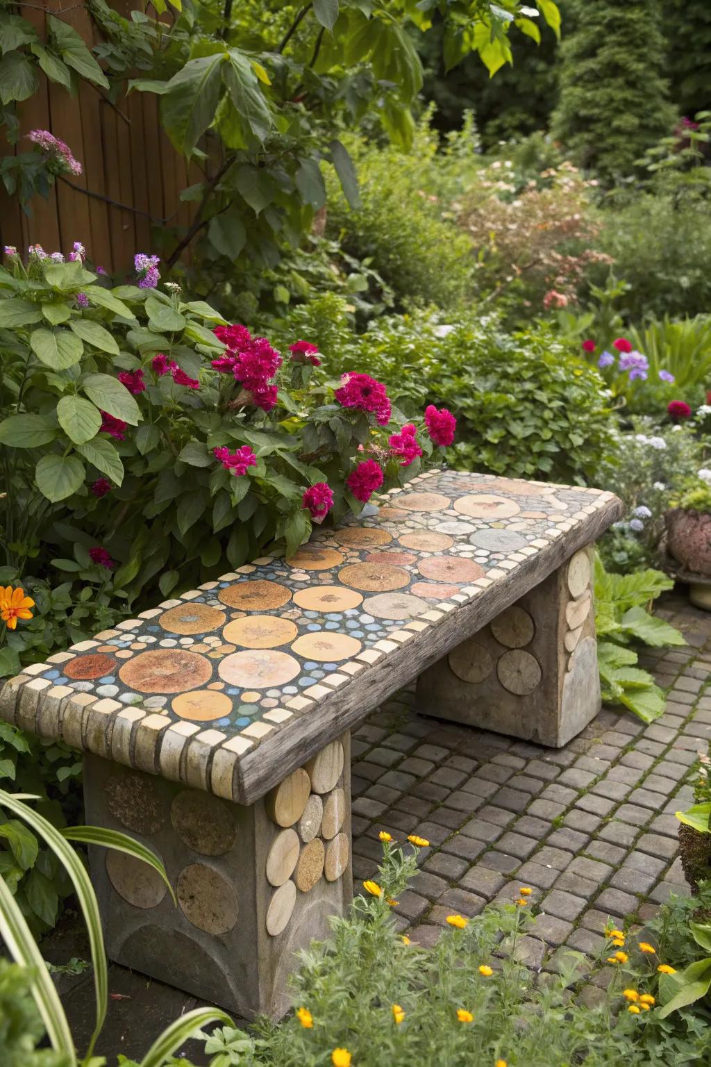 Timber slice mosaics enrich outdoor areas with rustic charm.
