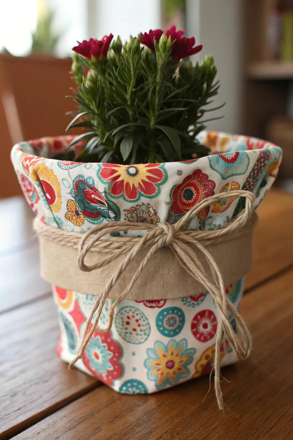 A flower pot encased in fabric, contributing a distinctive element.