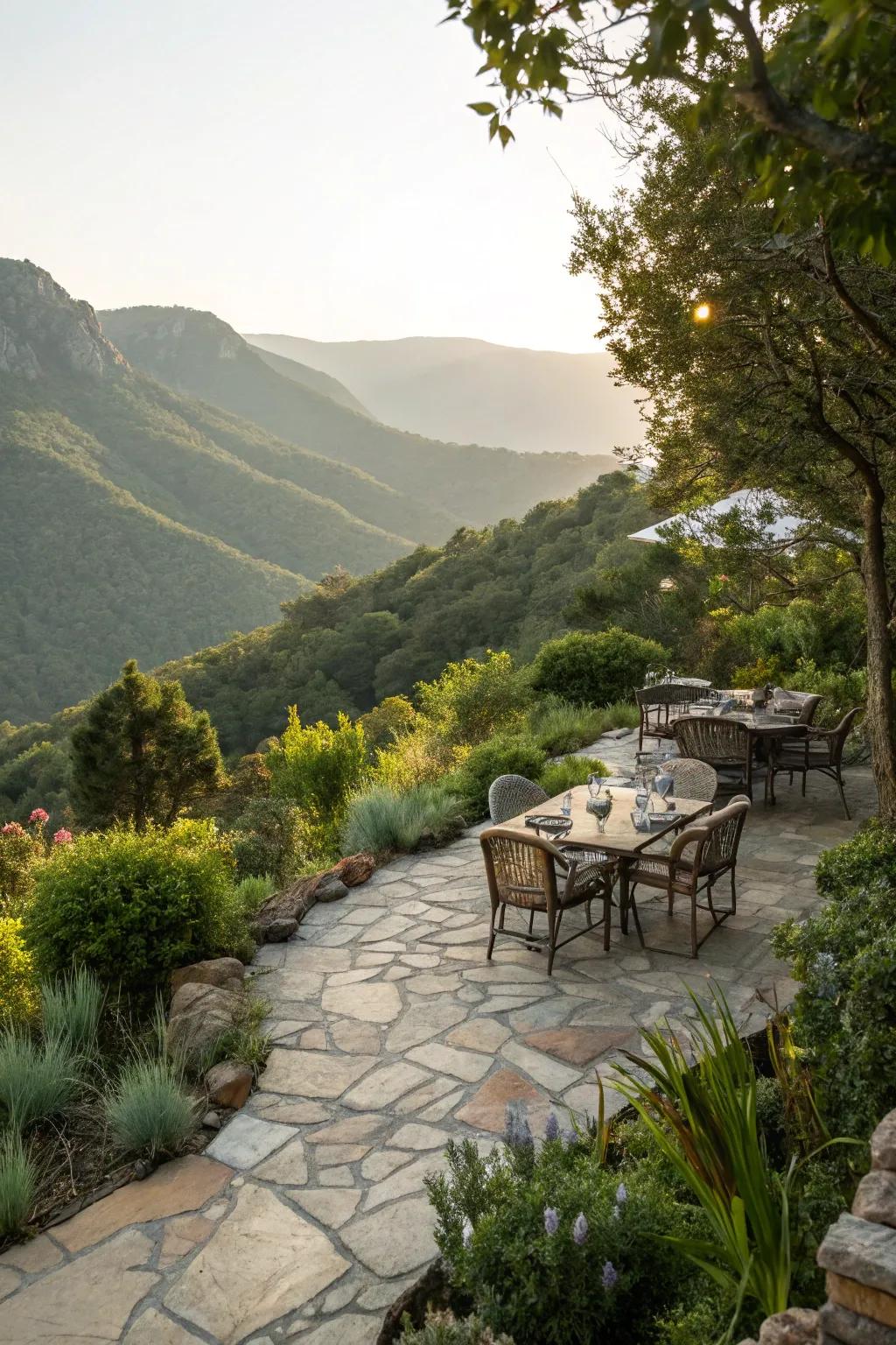 A welcoming stone deck that’s ideal for dining and unwinding outdoors.