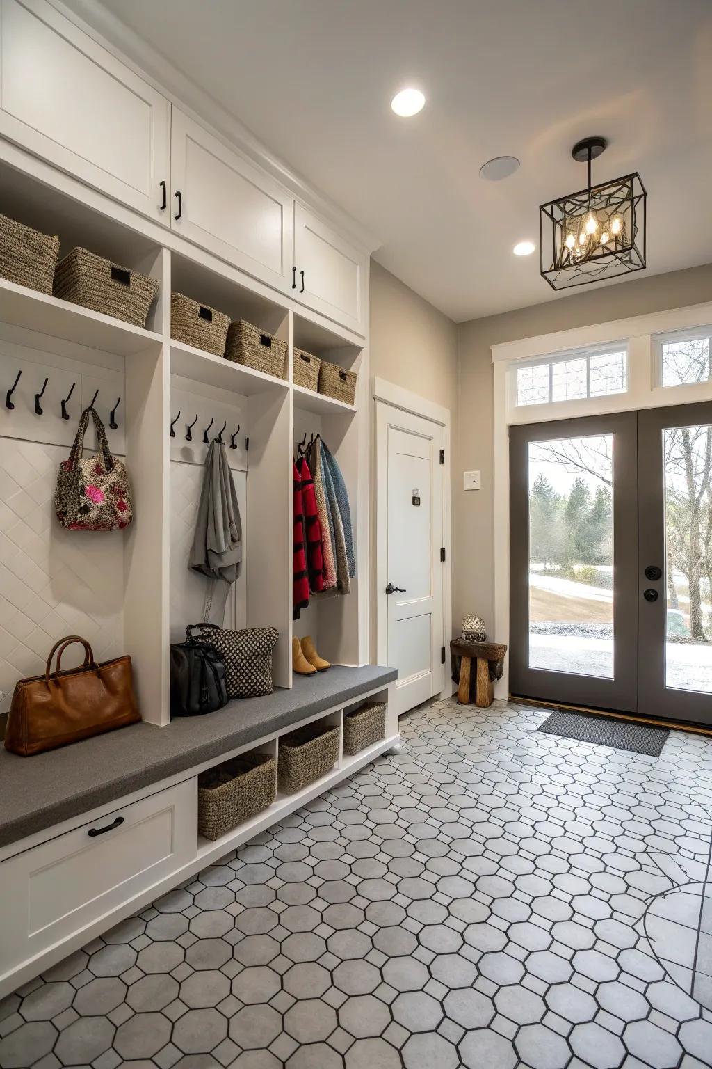 Six-sided tiles adding modern flair to a mudroom