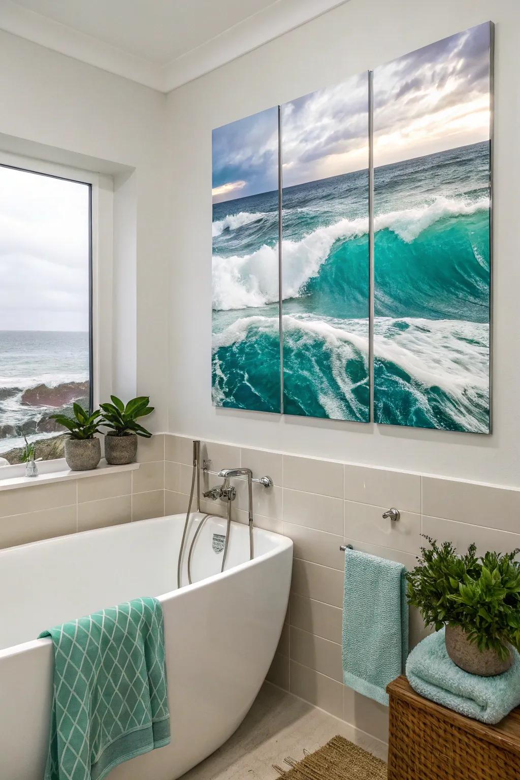 A relaxing ocean wave series over numerous canvases, which offers a tranquil escape inside the restroom.