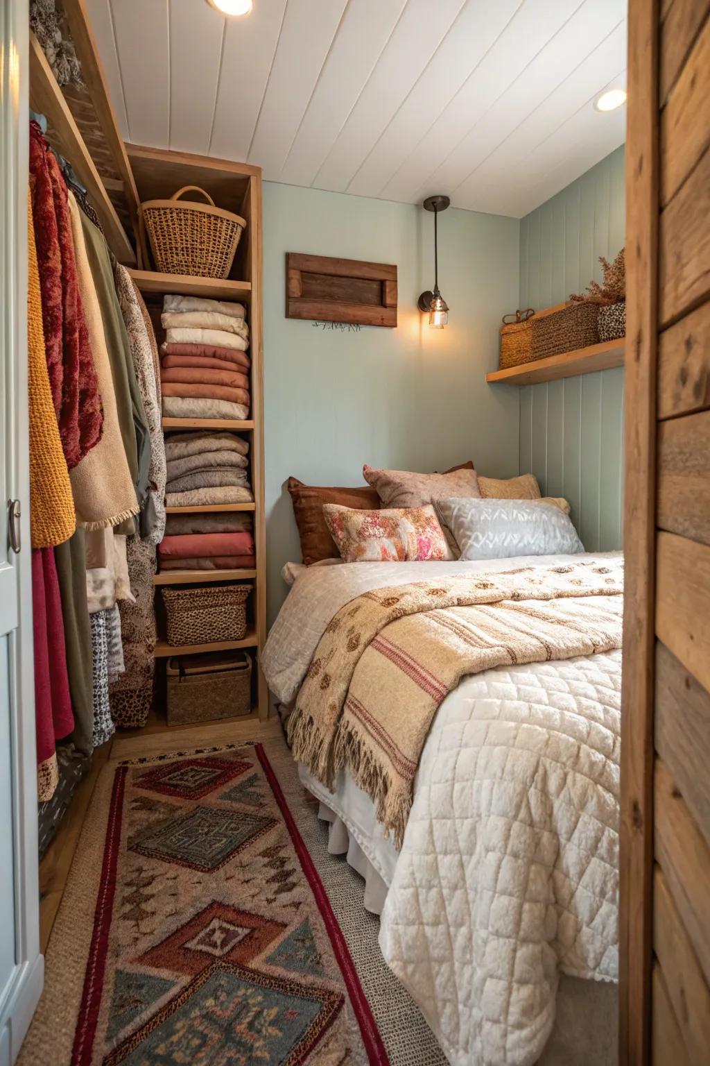 Layered compositions adding dimension and warmth to a slender bedroom.