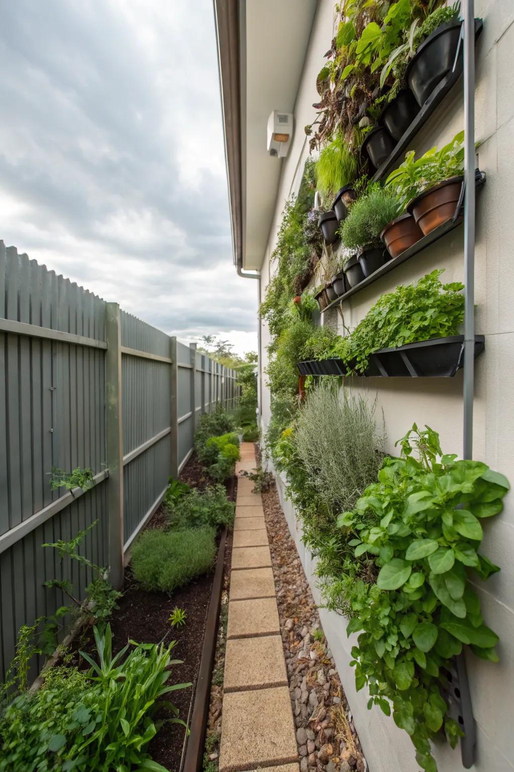 A herb wall is both practical and beautiful in a side yard.