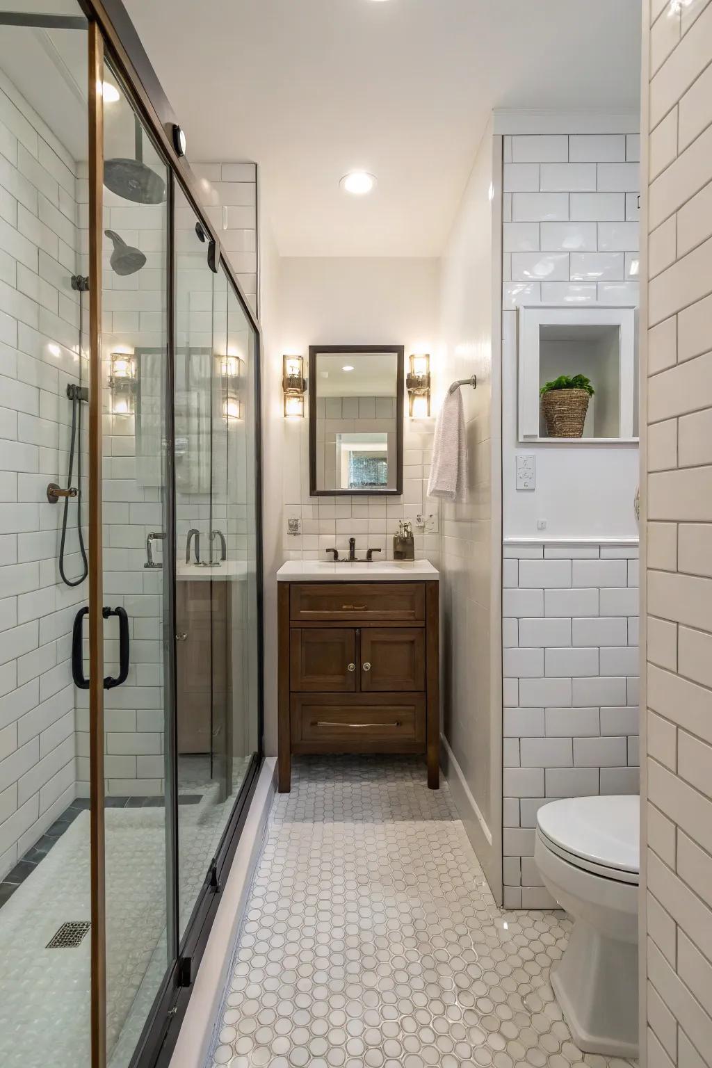 Walk-in showers feel open and luxurious in small bathrooms.