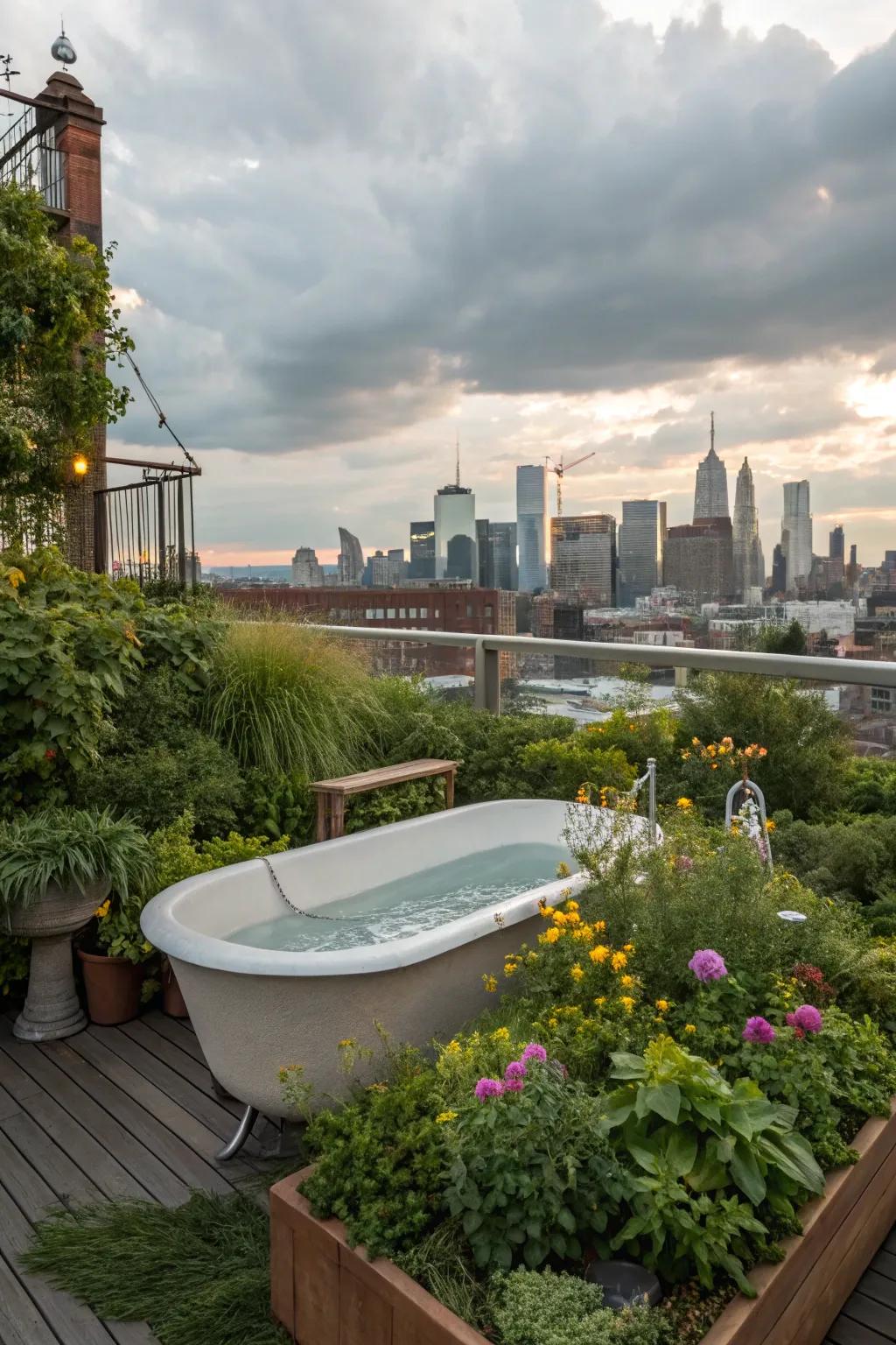 Bathe in luxury with sky-high views originating from a rooftop garden.