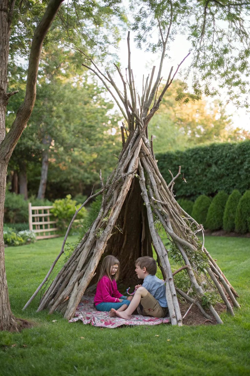 Branch teepees create cozy storytelling nooks.