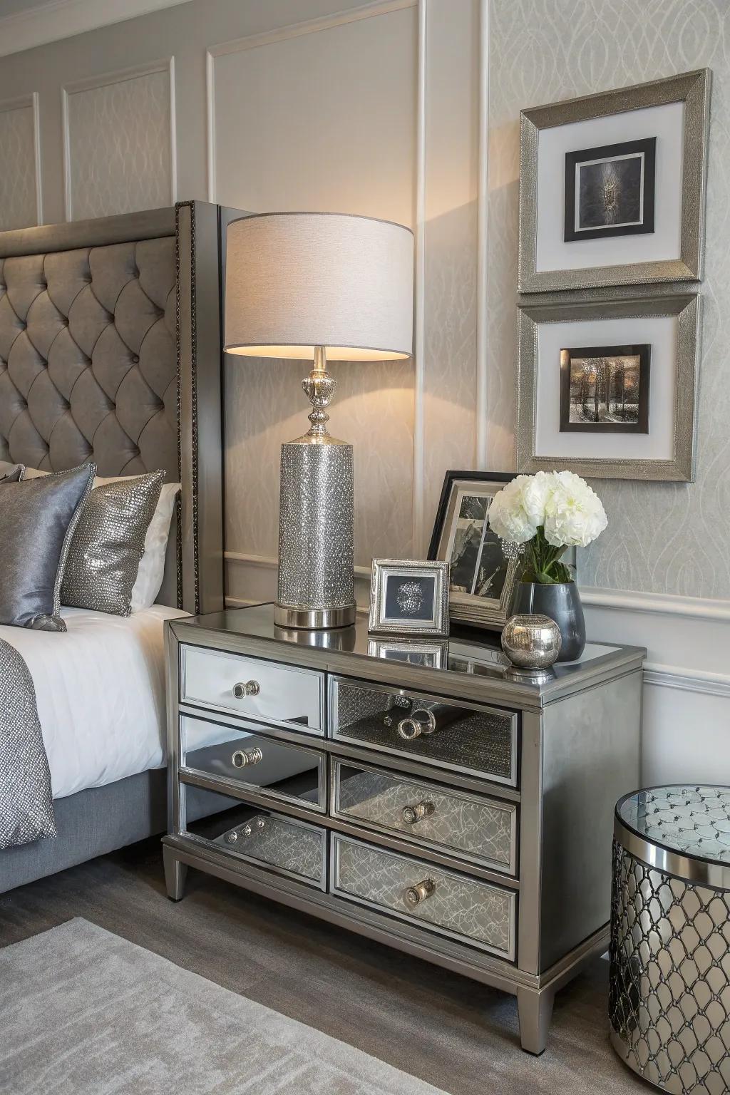 Metallic grey accents introduce a polished element to the bedroom's overall decor.