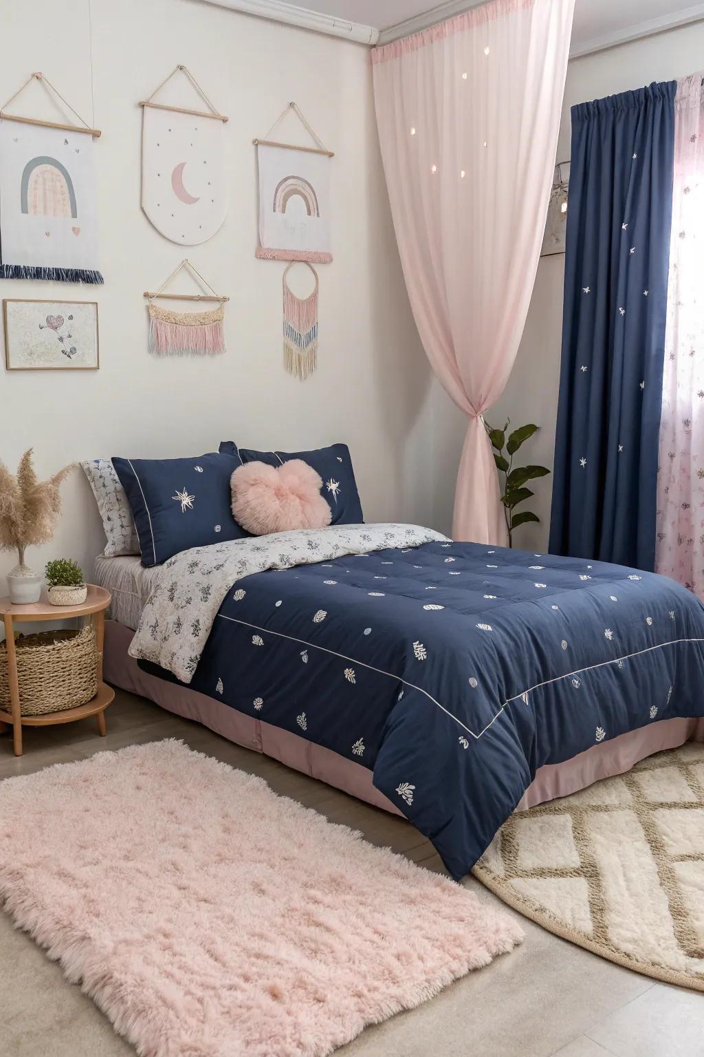 Soften dark blue with pastel details for a serene balance.