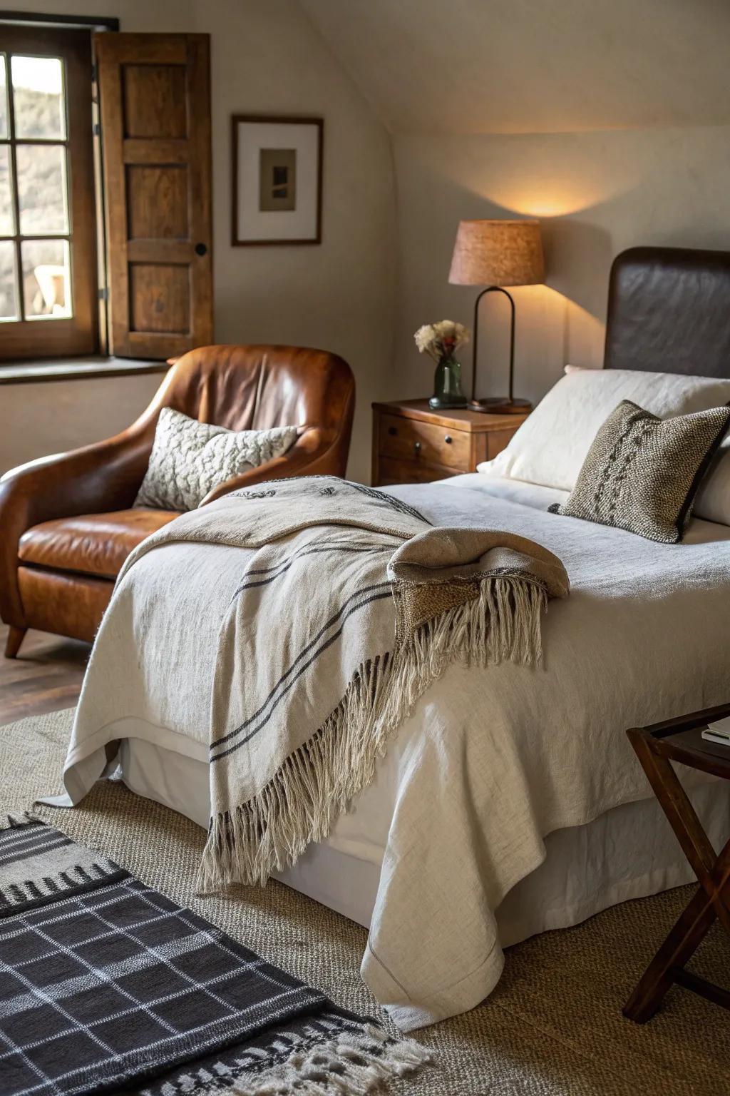 Blending materials crafts a dynamic and inviting bedroom setting.