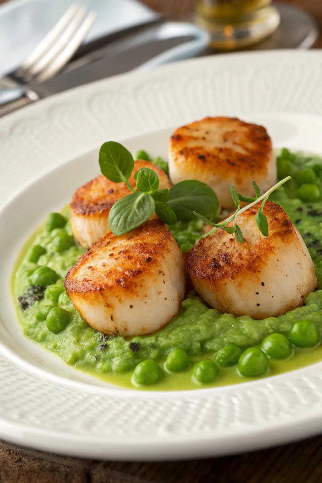 Seared Seafood Bites with Minted Pea Blend, offering a sophisticated touch to your New Year's dinner.