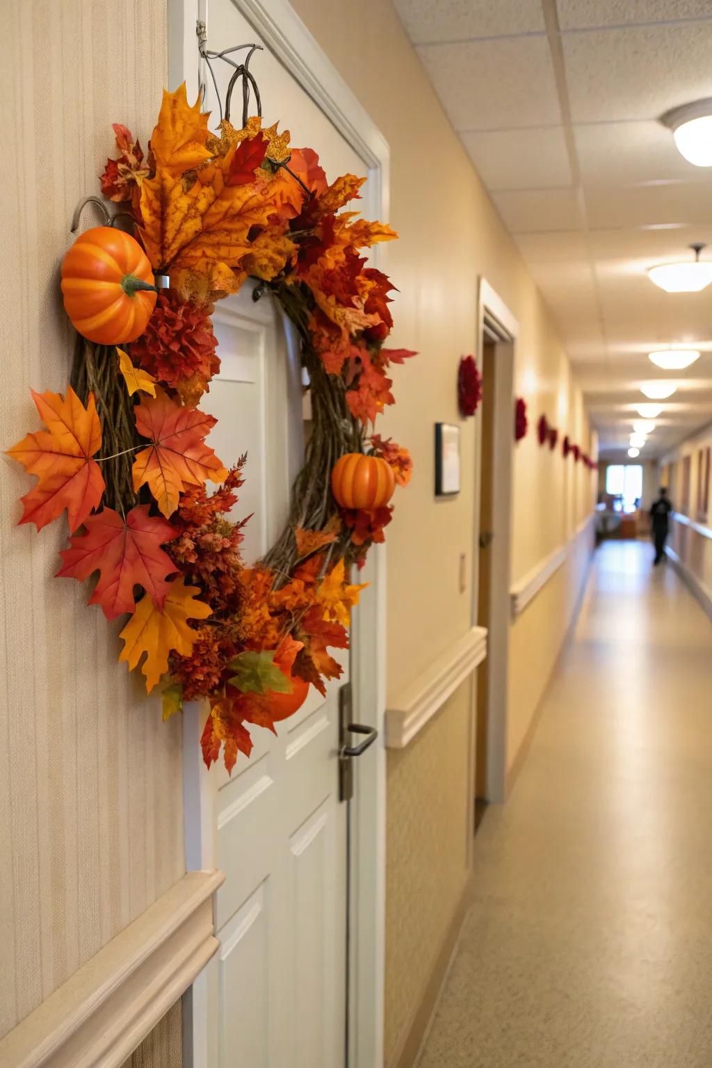 A pumpkin garland offers a kind and joyful welcome.