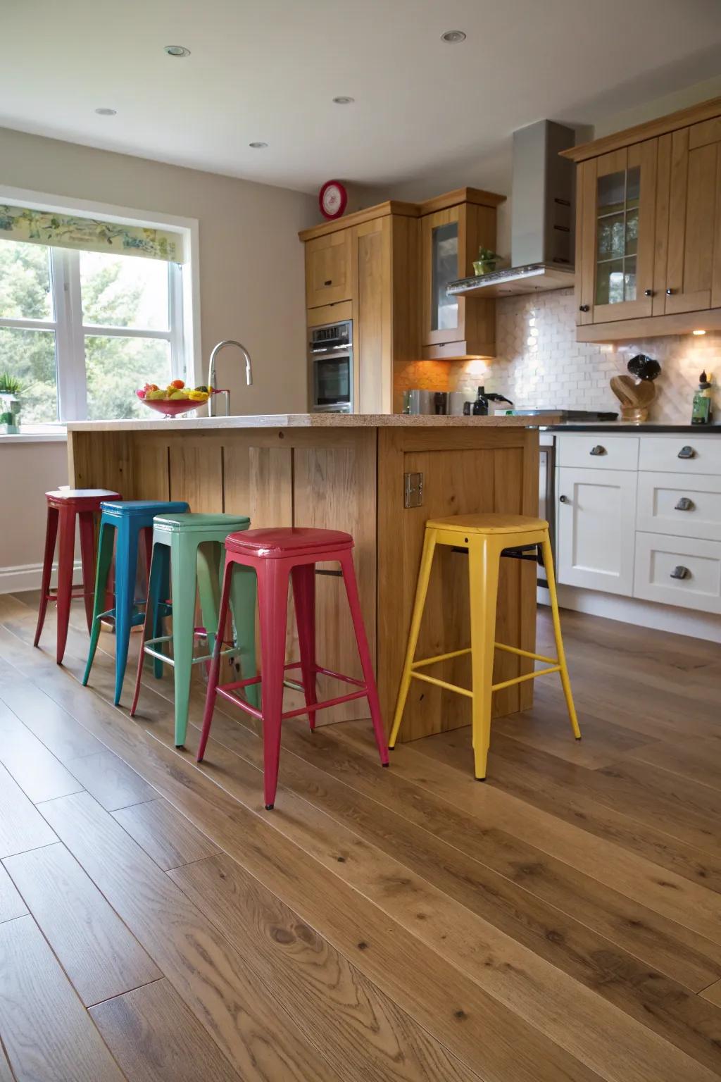 The unexpected splash of color against classic oak floors.