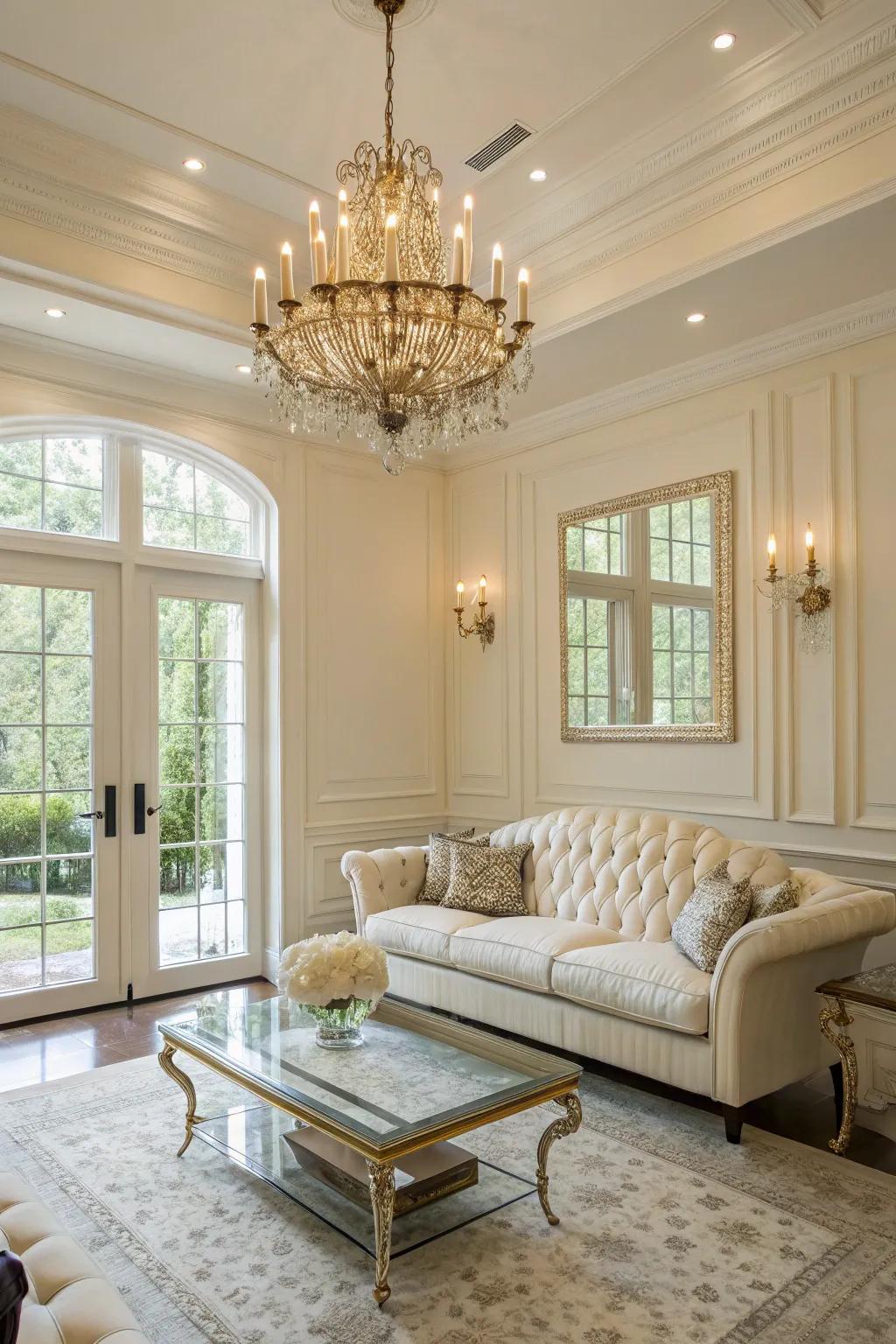 Refined illumination sets the tone in an off-white living room.