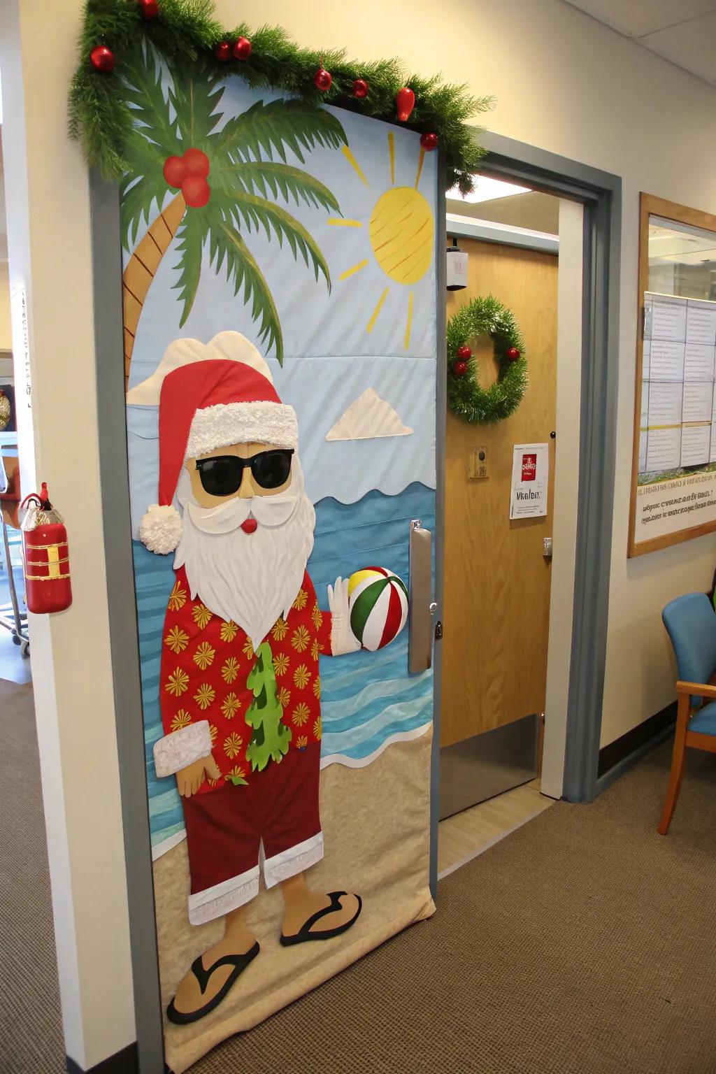 Give Santa a tropical getaway with this beachy door design.
