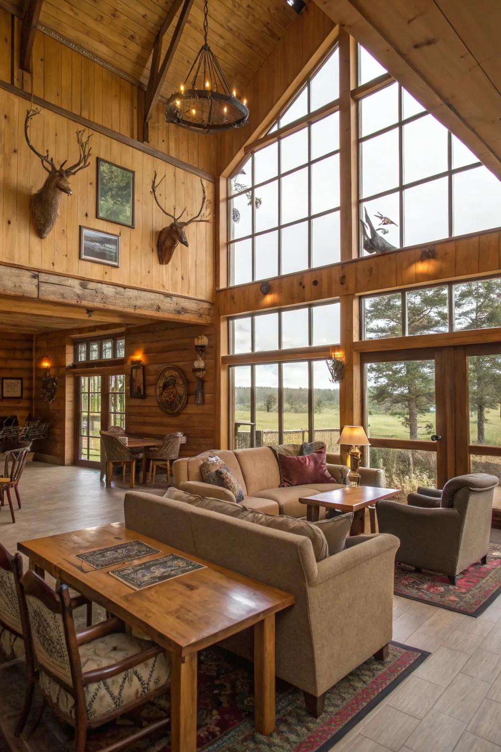 The open-plan hunting lodge interior includes seating arrangements for communal activities.