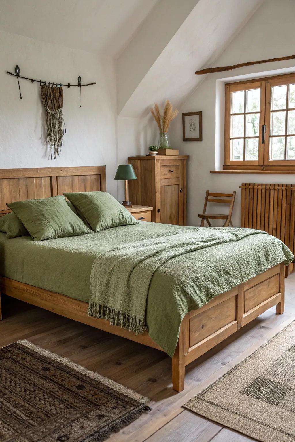Wooden elements emphasize the natural charm of deep moss green bedding.