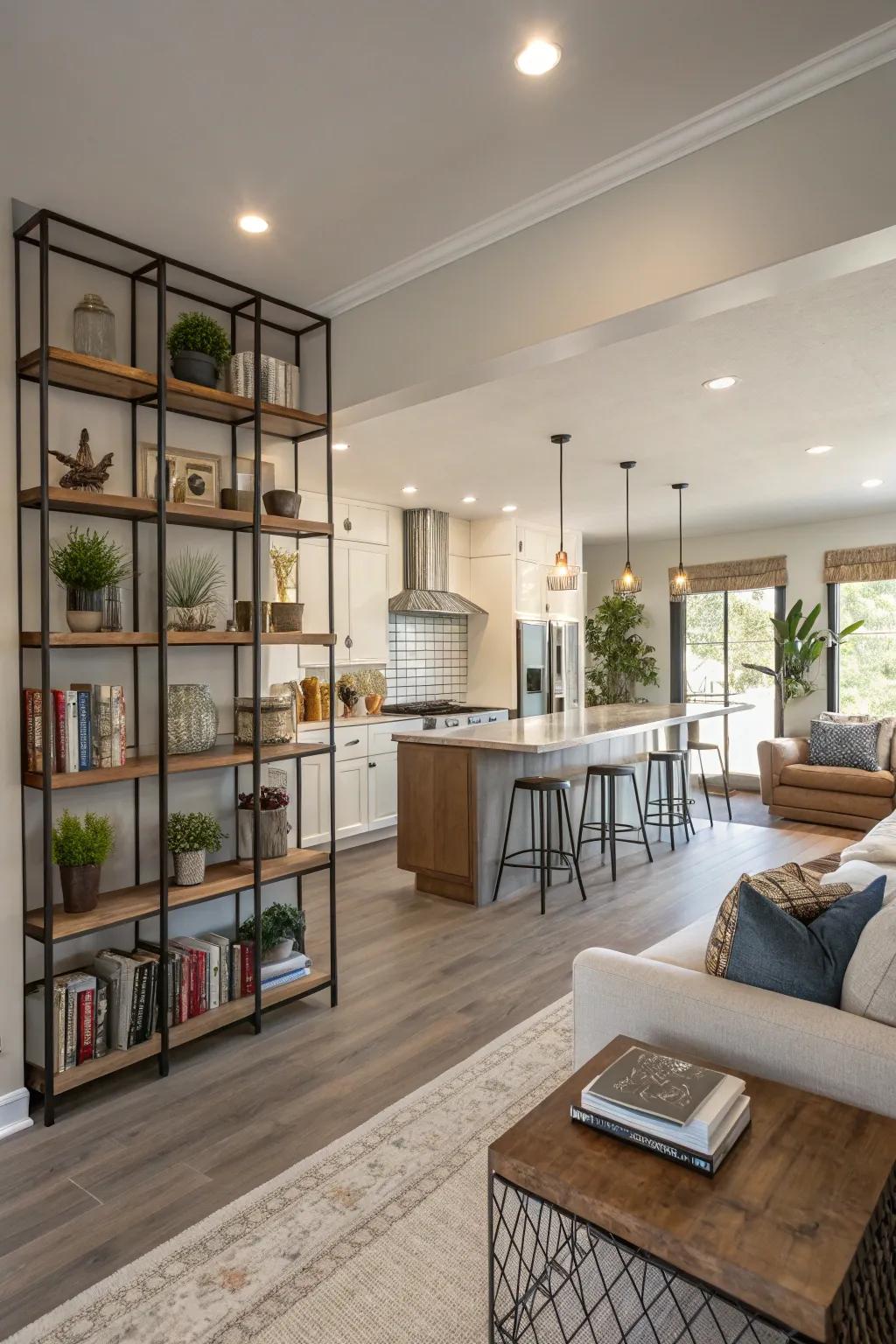 Open shelving serves as a subtle room divider in a spacious design.
