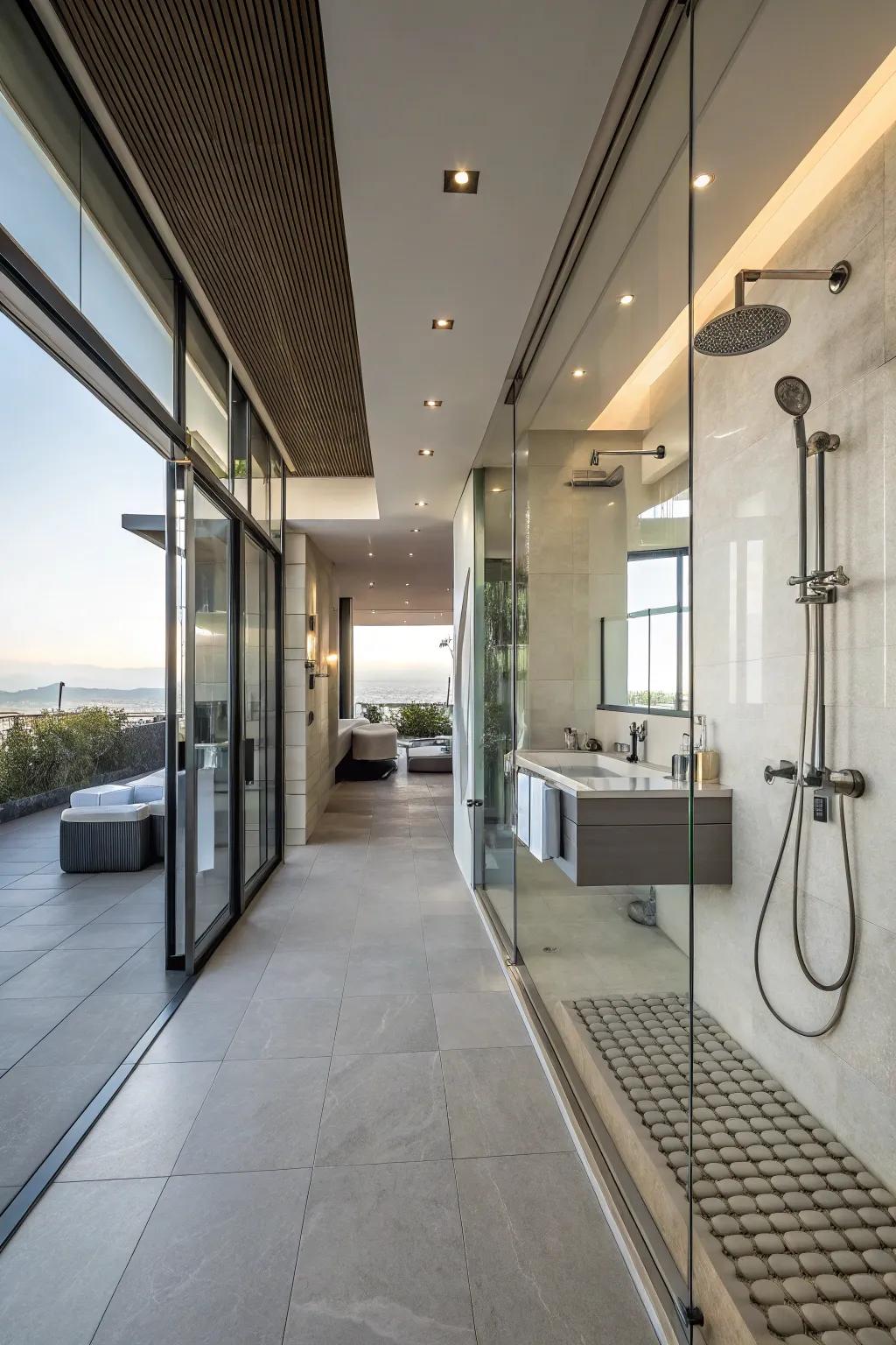 Up-to-date fixtures elevate the style and functionality of your open shower.