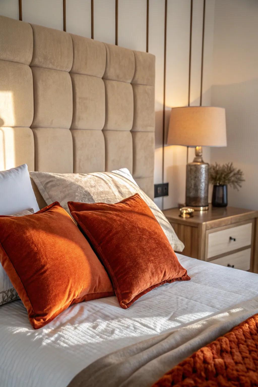 Orange velvet adds a touch of luxury and texture.