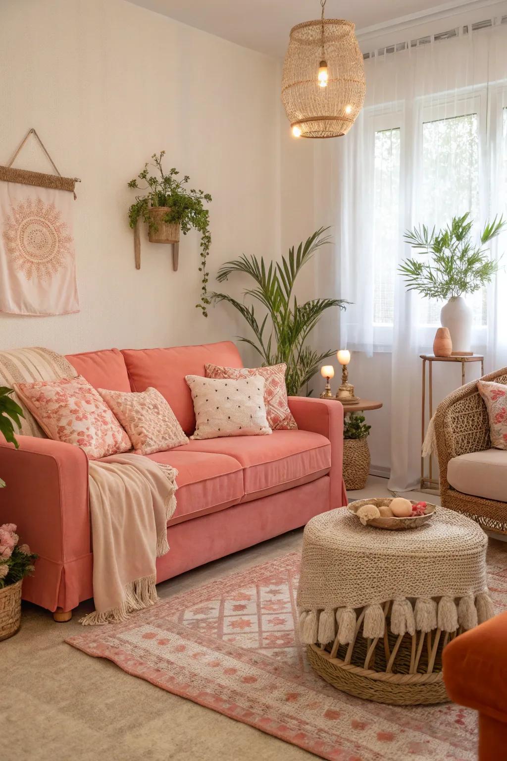 Delicate peach and coral tones bring coziness and serenity to this family room.