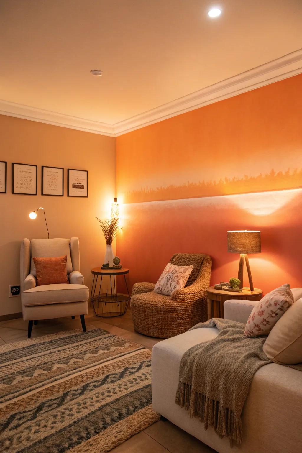 A room radiating warmth with its soothing orange ombre wall.