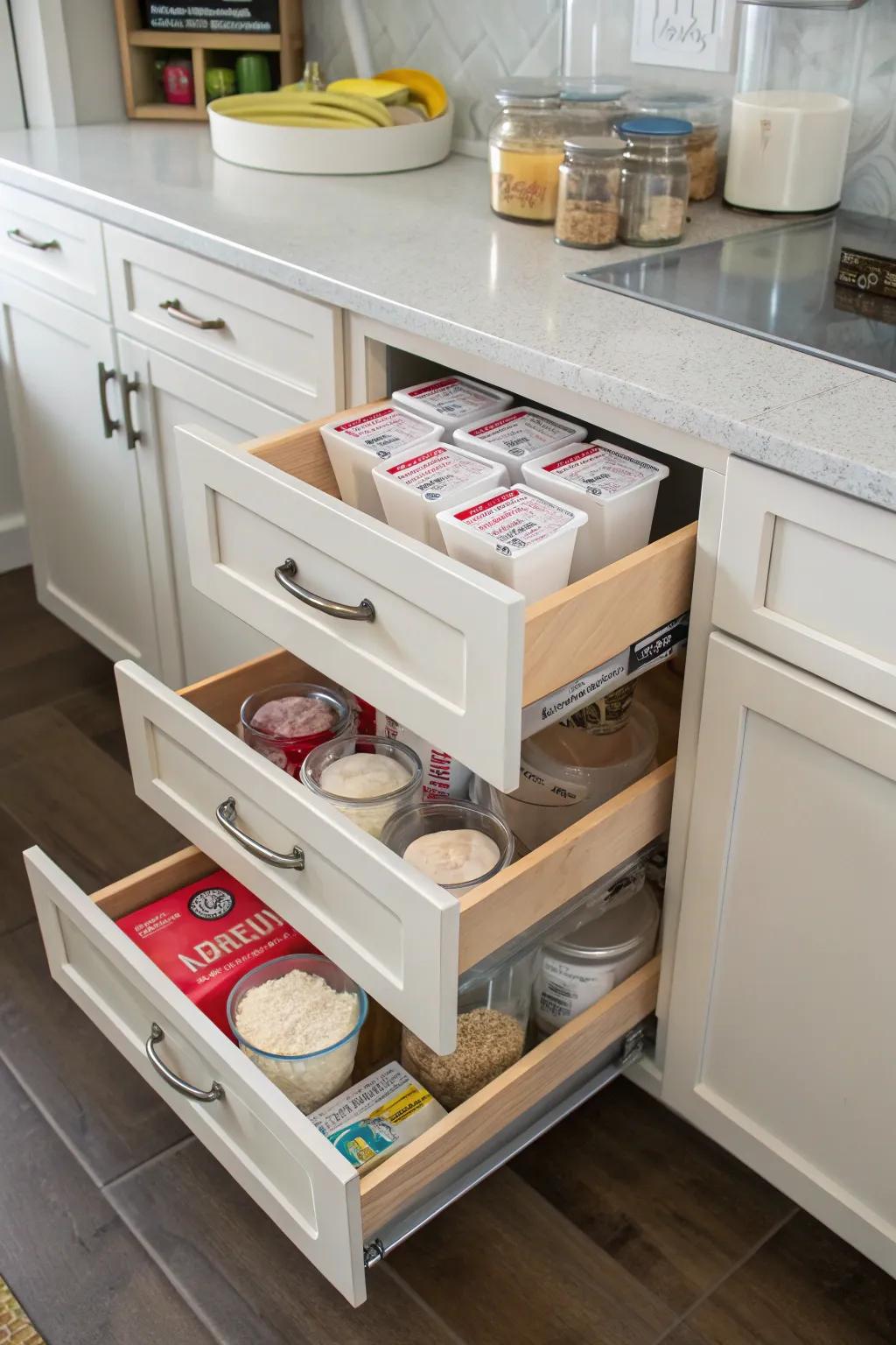 Slide-out drawers give effortless accessibility to deep cabinet storage.