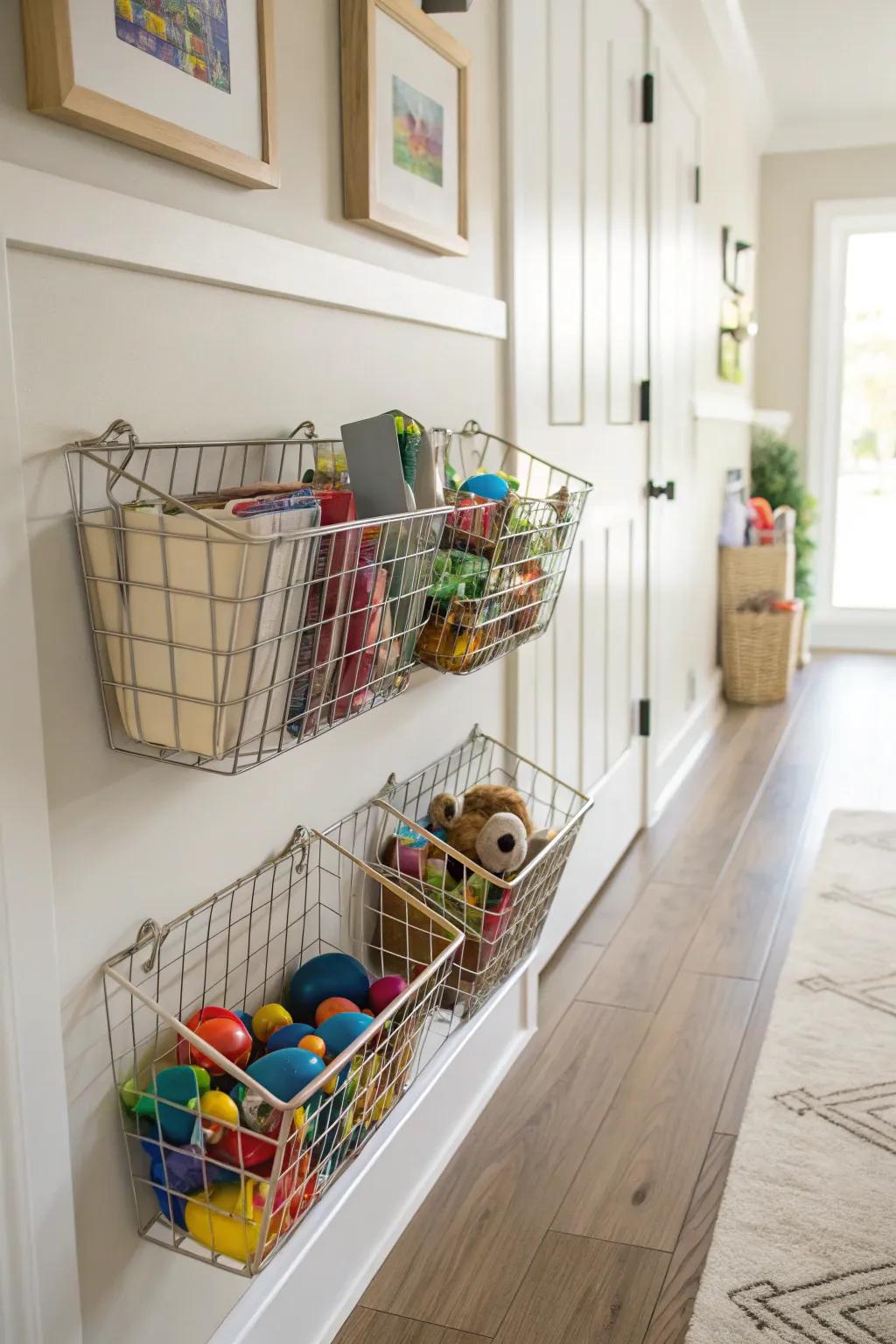 Effective storage with wall-mounted baskets.