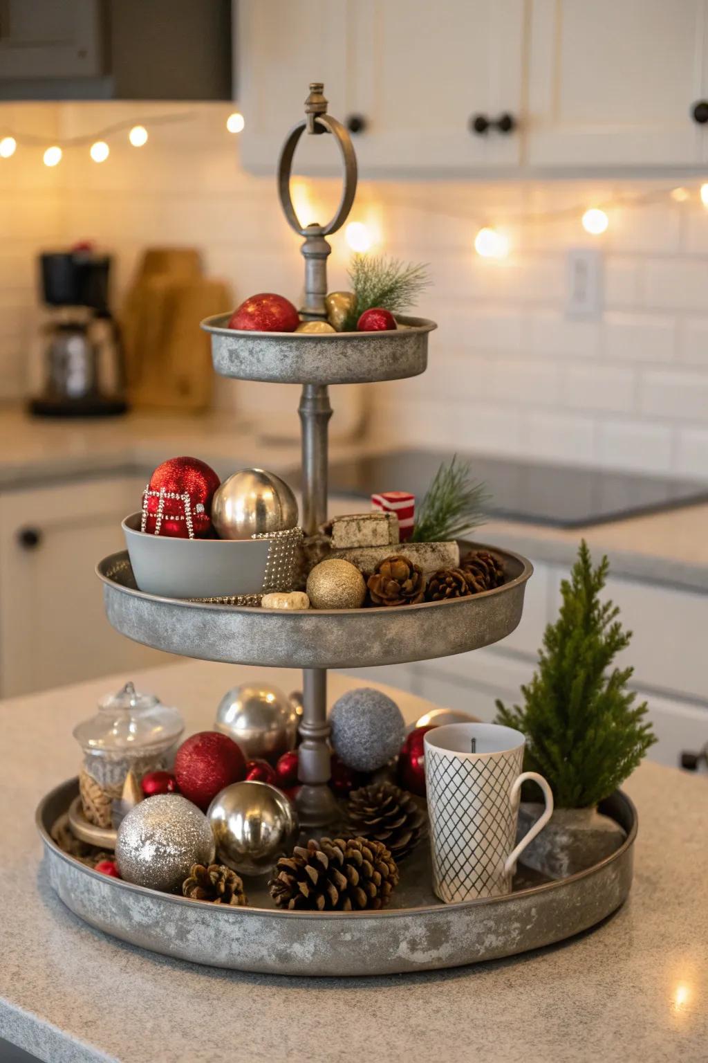 A charming scene on a tiered stand with decorations.
