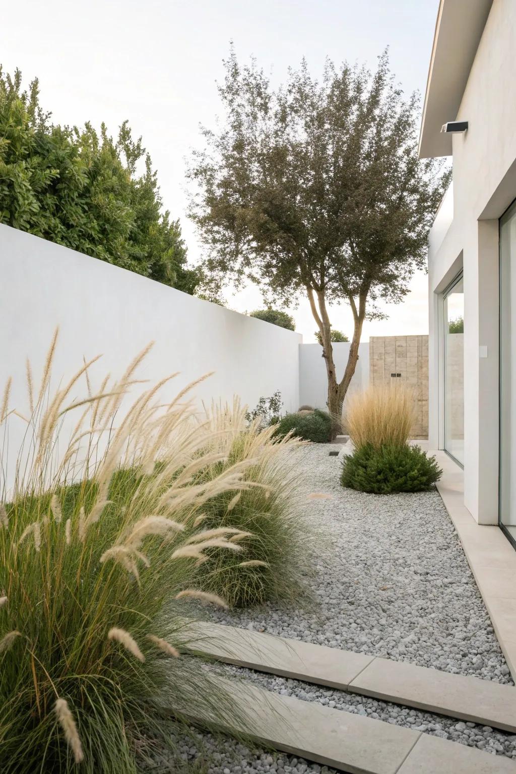 A minimalist garden showcases a single type of ornamental grass.
