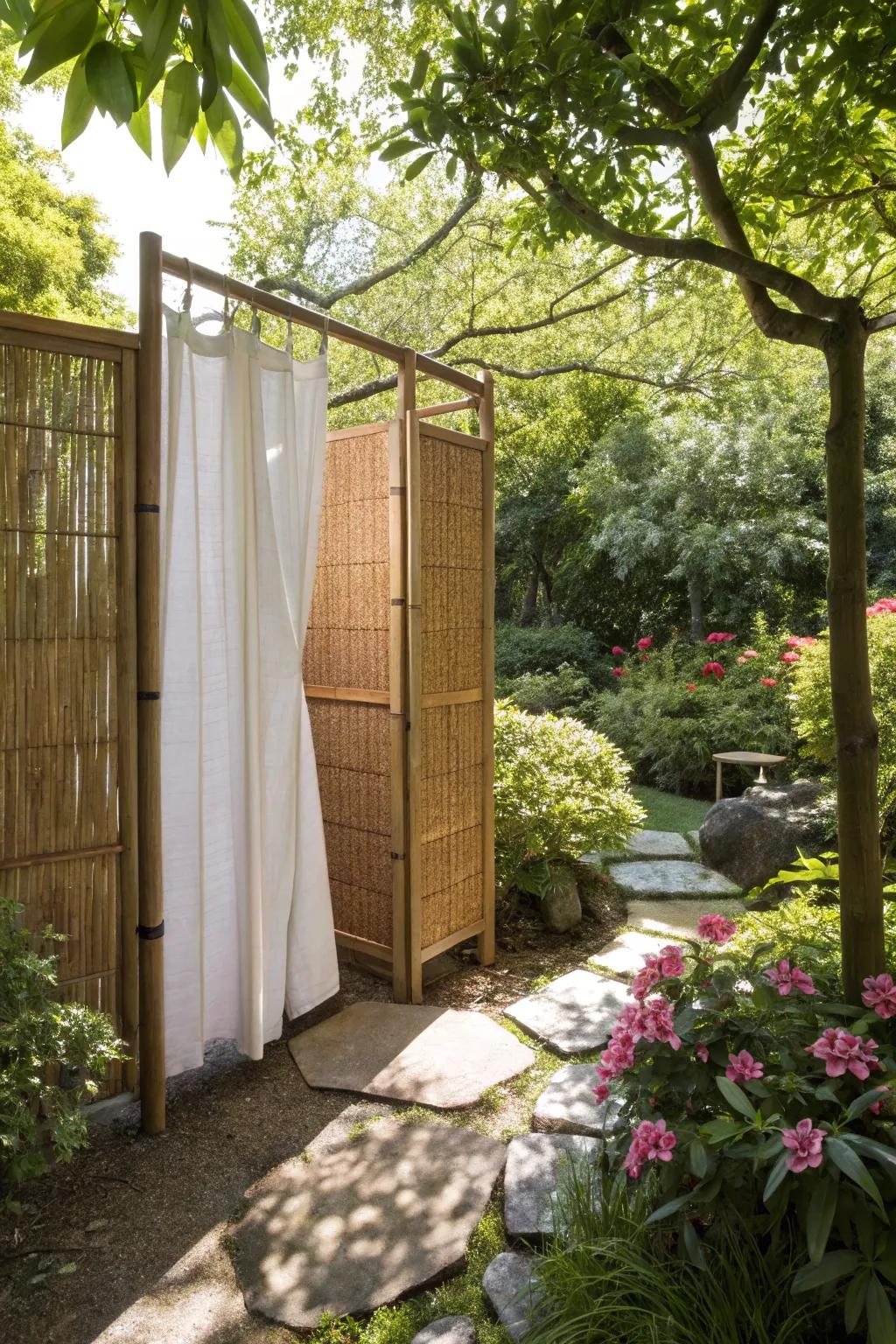 Bamboo screens creating an exotic and textured changing space.