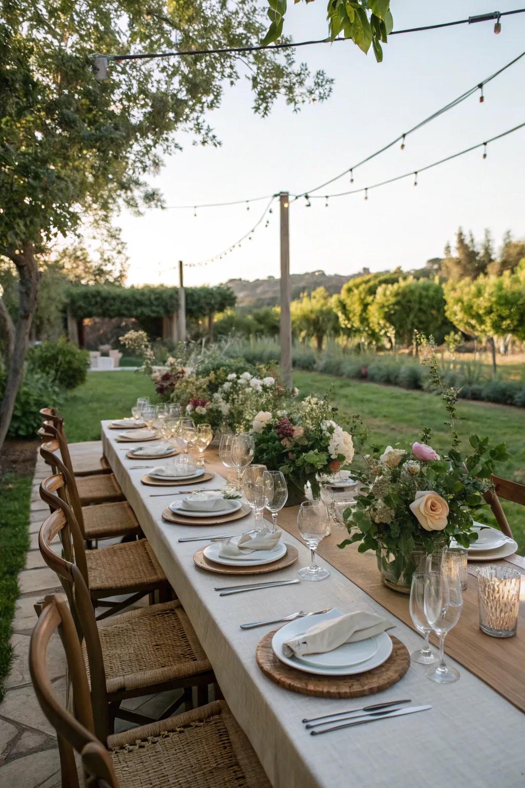 An elegantly arranged outdoor dining surface primed for guests.