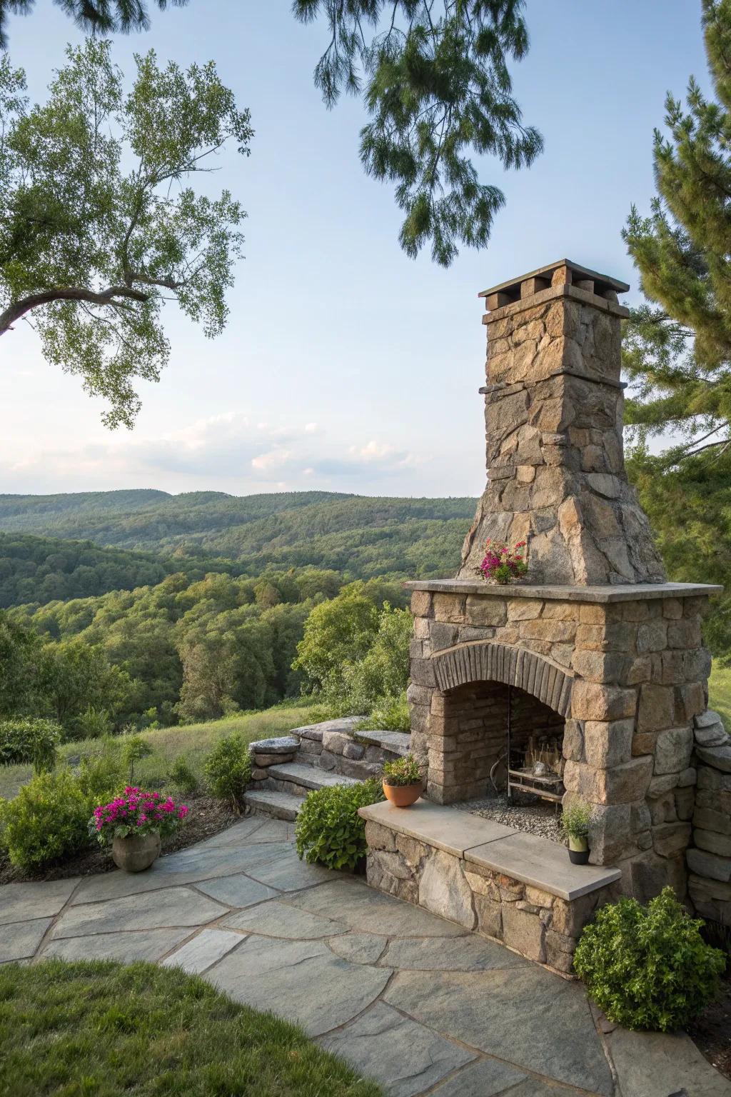 Make a harmonious outdoor space using a natural stone fireplace.