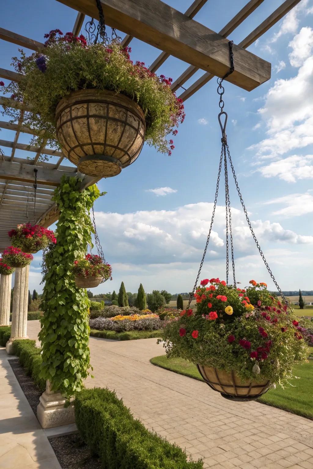 Hanging baskets bring a touch of sophistication to a garden.