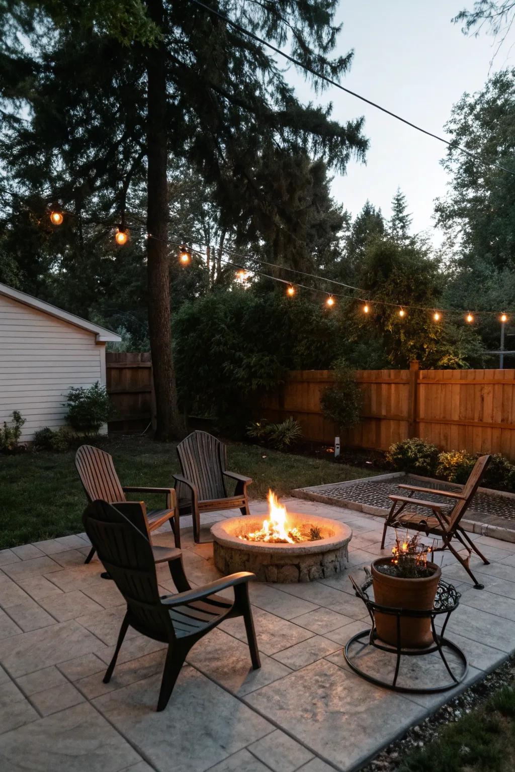 A firepit provides warmth and a central gathering point.