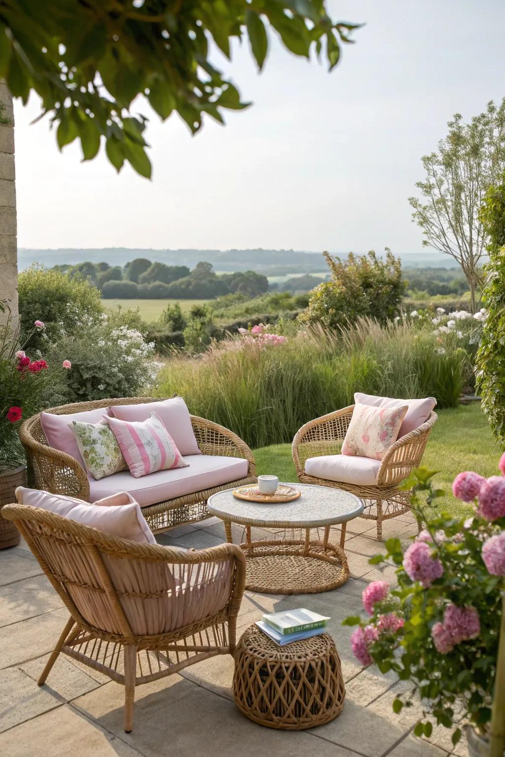 Wicker furniture lends a vintage touch with inherent charm.