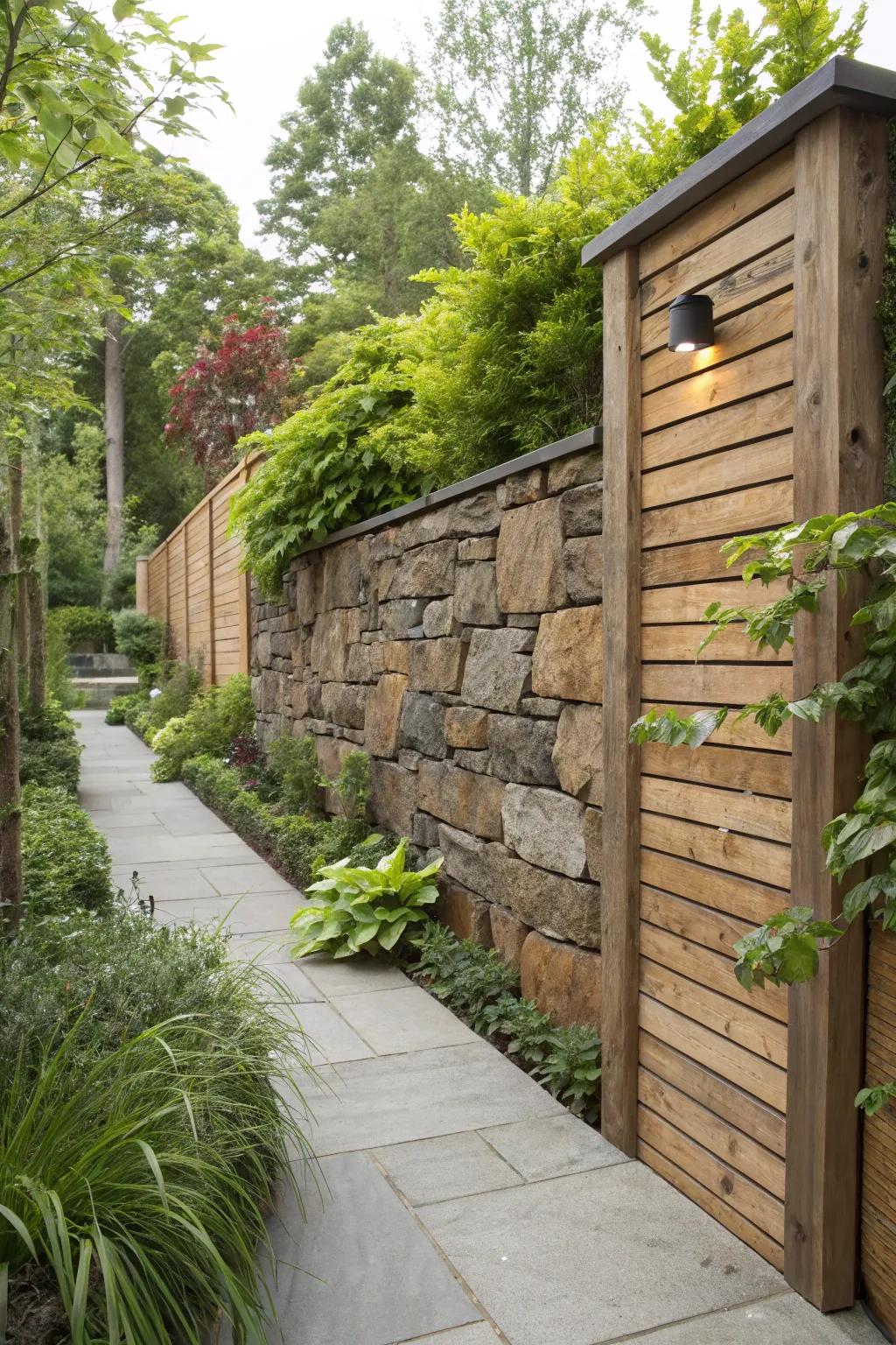 Mixed material walls combine durability with rustic beauty.