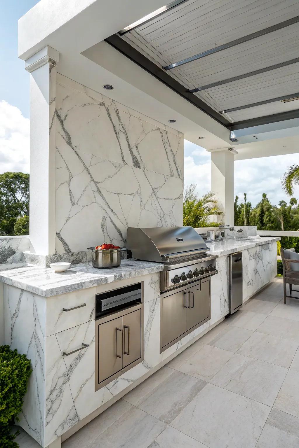 Marble backsplashes add an elegant and high-end feature to outdoor cooking areas.
