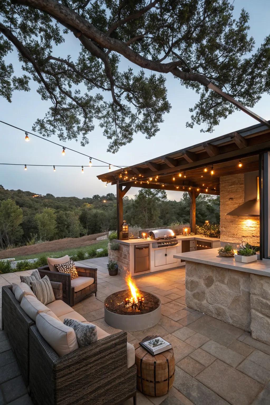 Fire features paired with illumination create a magical outdoor ambiance.