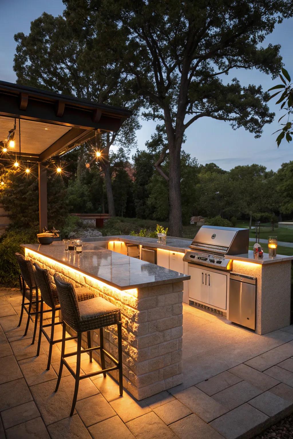 An outdoor kitchen counter with built-in lighting for an enchanting evening vibe.