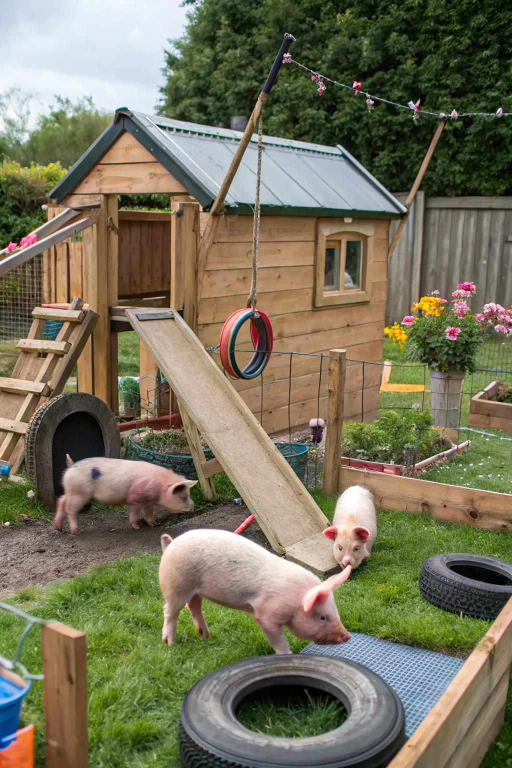 A dynamic enclosure featuring zones designed for pig play and interaction.
