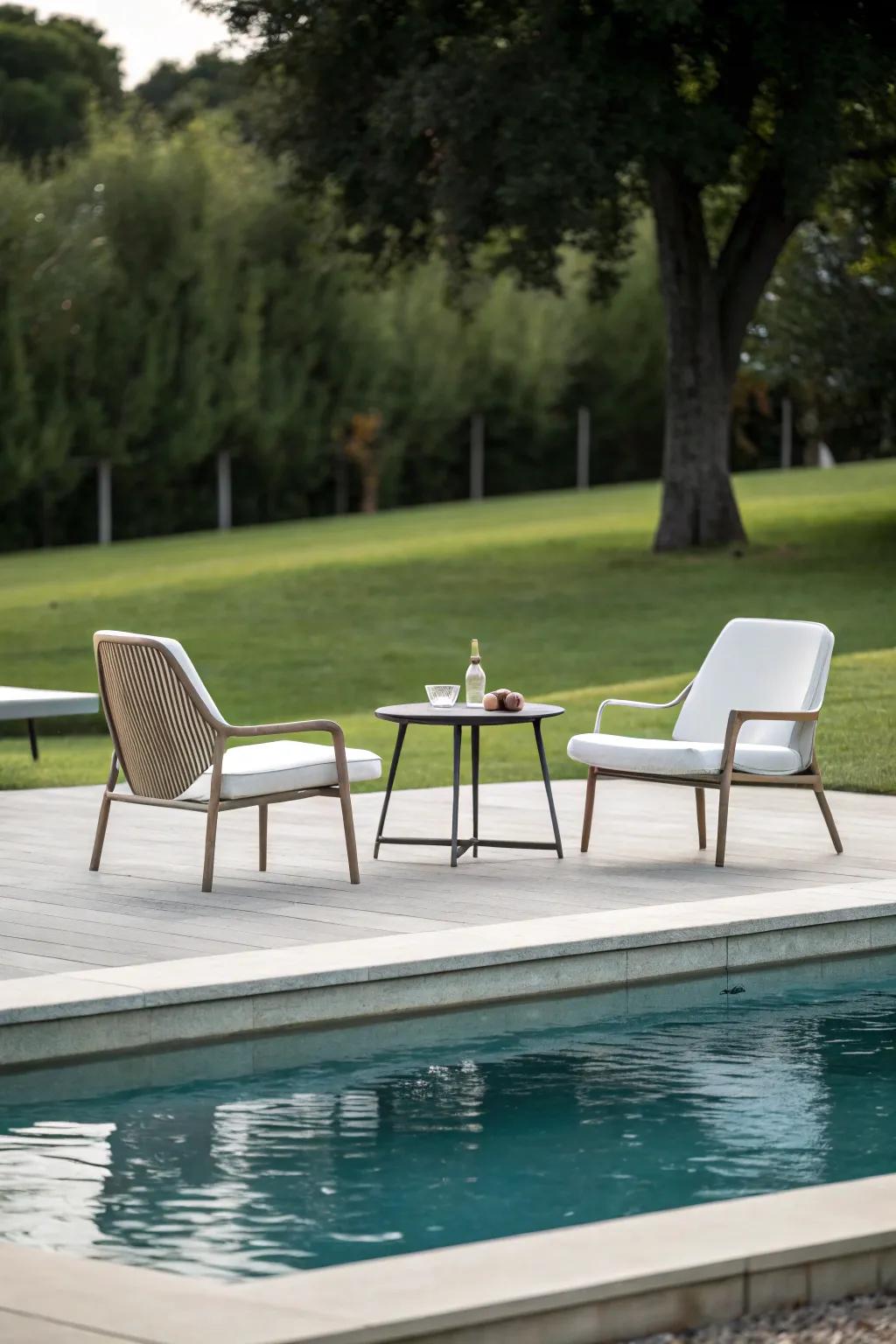 Contemporary minimalism delivers a clean and peaceful poolside ambiance.