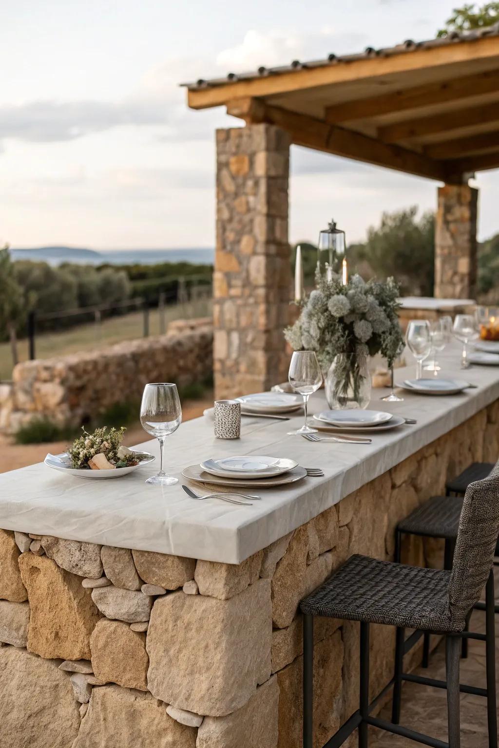 A stone bar that serves as both a bar and eating table for outdoor meals.