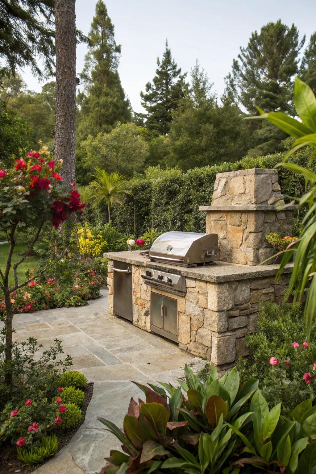 Enhance your BBQ area with greenery for a refreshing outdoor atmosphere.