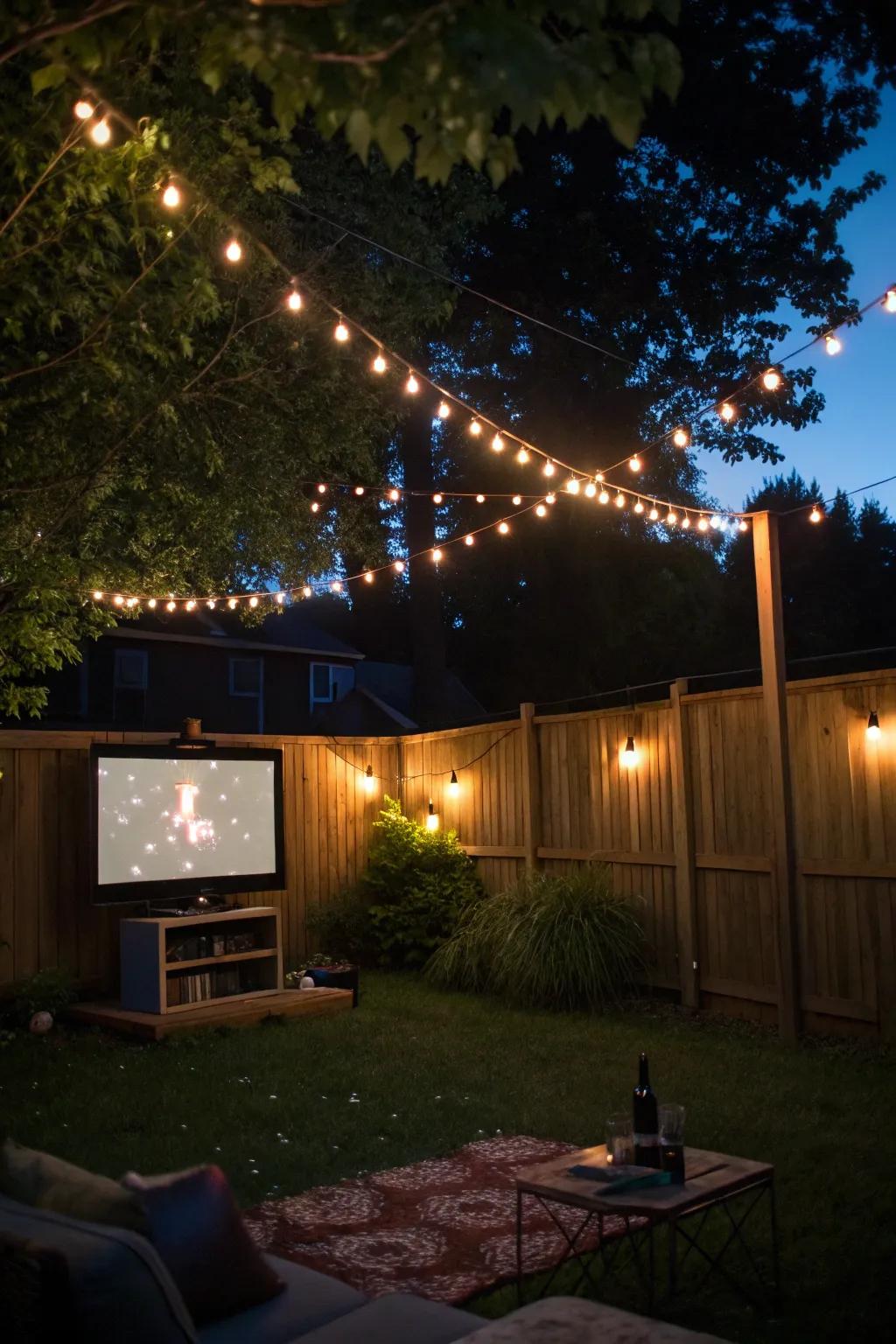 Ambient lighting elevates the mood and functionality of your outdoor TV area.