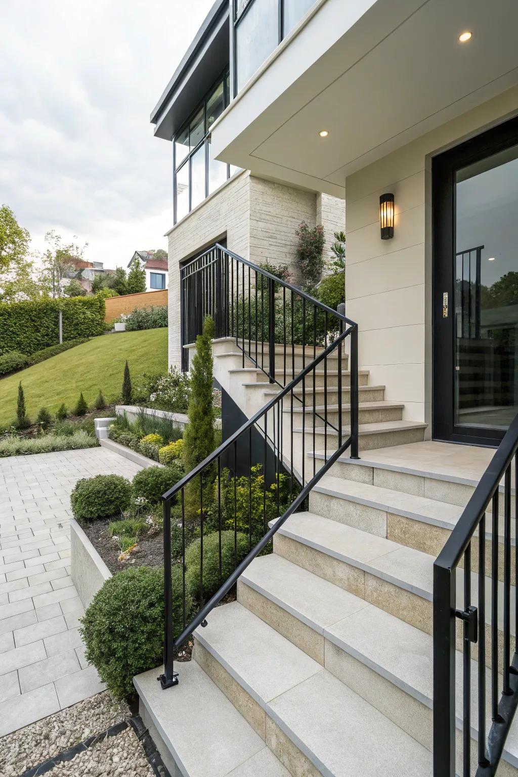 Bold black metal railings add a contemporary edge.