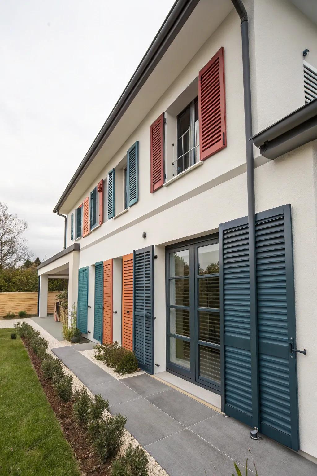 Modern home featuring vibrant double-hued awnings.