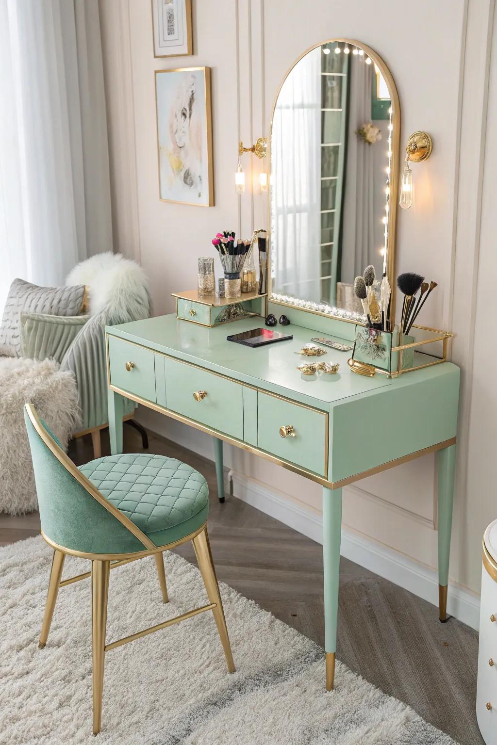 A mint and gilded vanity desk makes your space sophisticated.