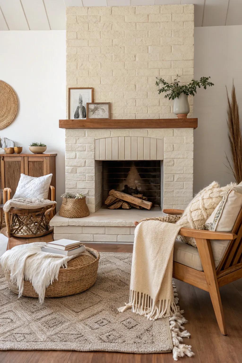 A beige fireplace offers minimalist serenity.
